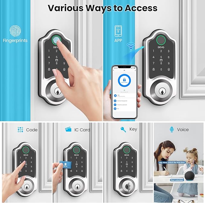 DEVO G8 Smart Lock with Doorbell - 6-in-1 Fingerprint Keyless Entry Deadbolt, Built-in Wi-Fi & APP Control, IP54 Waterproof Auto-Lock for Front Door Security, Easy Install (BHMA Certified)