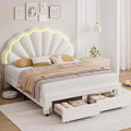 HIFIT Queen Upholstered Smart LED Bed Frame with Storage Drawers & Adjustable Chic Double Petal Headboard, Velvet Princess Platform Bed with Solid Wood Slat/No Box Spring Needed/Easy Assembly, Beige