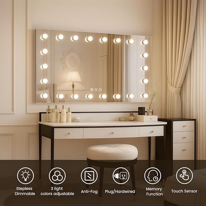 WTTY LED Bathroom Mirror with Lights 72"x32" Hollywood Wall-Mounted Mirror with 3 Color Temperatures, Stepless Dimmable Bulbs, Anti-Fog & Shatter-Proof