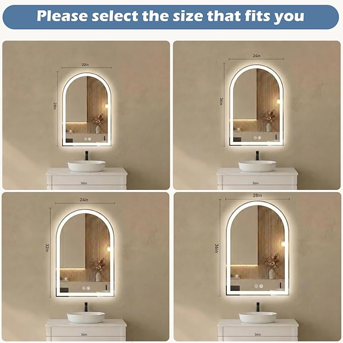 Sweetcrispy 20"×28" LED Bathroom Mirror with Lights, Arched Vanity Mirror with Anti-Fog, Dimmable, 3-Color Light, Memory Function, Tempered Glass