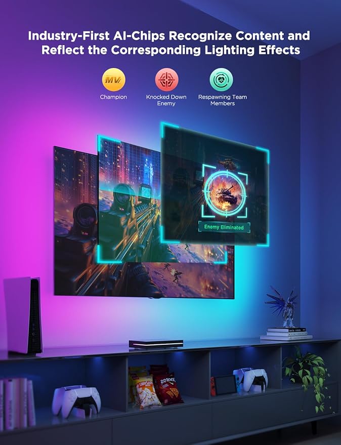 Govee HDMI 2.1 Sync Box 2, AI Sync Box with TV Backlight, Supports 8K@60Hz, 4K@144Hz, VRR and ALLM, Works with SmartThings, Matter and Alexa, RGBIC LED Light Strip for 75-85 inch TVs, 75 LEDs/m