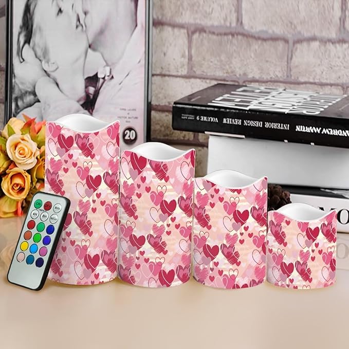Pink Heart Theme Plastic Flameless Candles with Remote Control and Timer LED Flickering Battery Electric Pillar Candles for Table Valentine's Day Decoration