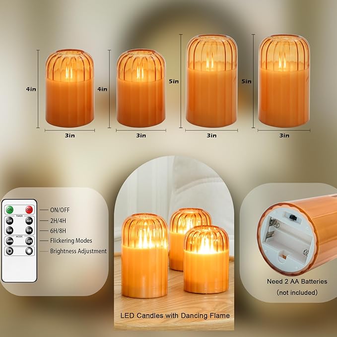 Lezonic Glass Flameless Candles Battery Operated with Remote, Dancing Flame LED Flickering Flameless Pillar Candles, Set of 4 Real Wax Fall Decorations for Home, H: 4" 4" 5" 5"(Pumpkin Orange)