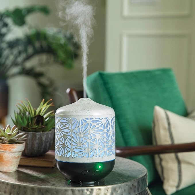 Airome Champagne Palmette Large Cut Metal Essential Oil Diffuser|250 mL Humidifying Ultrasonic Aromatherapy LED Lights, 24 Hours Intermittent & Continual Mist Auto Shut-Off, White/Gold