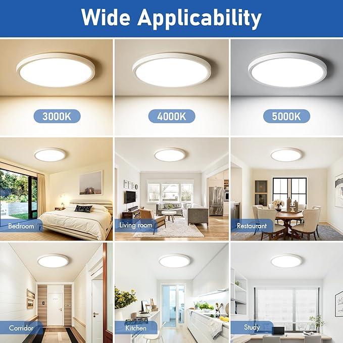 6 Pack 12 Inch Slim Dimmable LED Flush Mount Ceiling Light Fixtures, 24W 2640LM 3000K/4000K/5000K, House Upgrade Led Lights for Bedroom Hallway Laundry Room Rental Units, 240W Equiv., White