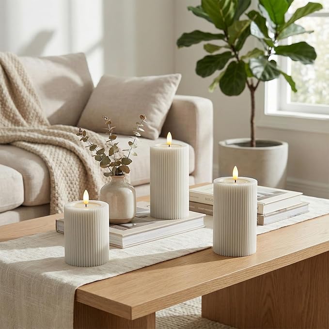 WYZworks Fluted Ribbed LED Pillar Candles, Cream Beige, with Realistic Reflective Melted-Wax Effect – Flickering Flame, Remote, Dimmable, Flameless, Battery Operated, Home & Wedding Decor (Set of 3)