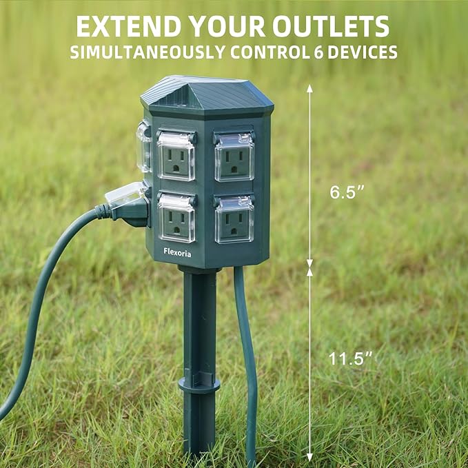 Flexora Outdoor Power Strip with 24-Hour Mechanical Timer, 50 FT Extension Cord Waterproof, 6 Grounded Outlets for Graden and Yard Decorations, ETL Listed