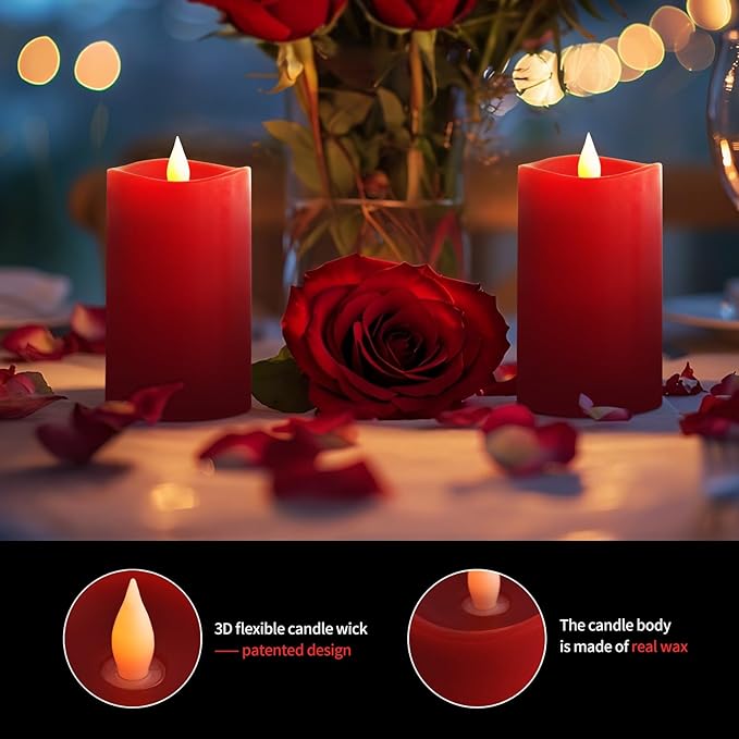 3x5 Flickering Flameless Candles Set of 2, 2AA Battery Life 600 Hours Battery Candles Flickering with Timer,5 inch Flameless Candles with Remote for Indoor/Outdoor, Red