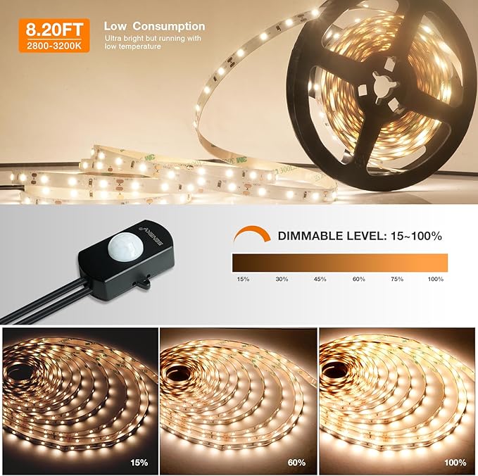 Sensky Dimmable PIR Motion Sensor LED Under Cabinet Lighting Kit Extendable Under Counter LED Light with Motion Sensor for Gun Safe Lighting,Shelf,TV Wall Lighting,Mirror,Bedroom(8.2FT,2800-3200K)