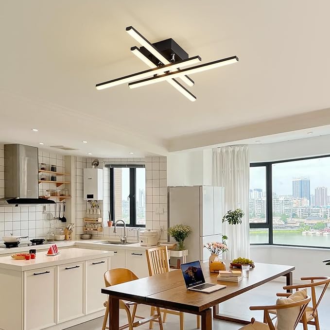 Modern LED Ceiling Light with Remote, Dimmable 24in Ceiling Lights for Bedroom Living Dining Room Kitchen, Black Flush Mount Ceiling Light Fixture LED Chandelier Ceiling Lamp (4-Light, 2000lm)