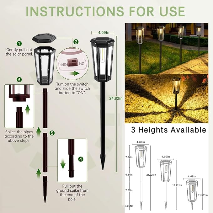 6 Pack Solar Pathway Lights, Outdoor Waterproof (IP65) with 2-in-1 Lighting Modes, Warm White LED for Yard, Lawn, Garden, Patio & Landscape