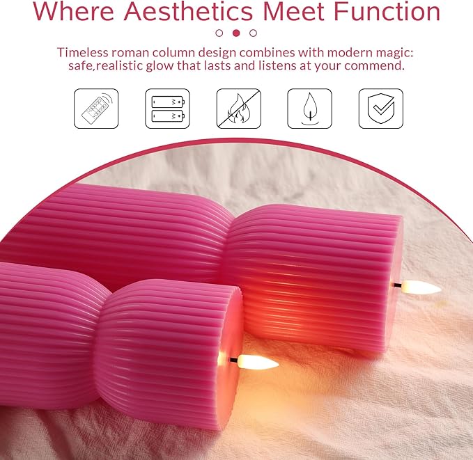 Hot Pink Ribbed Flameless Pillar Candles with Remote, Real Wax Flickering Battery LED Candles Set of 2