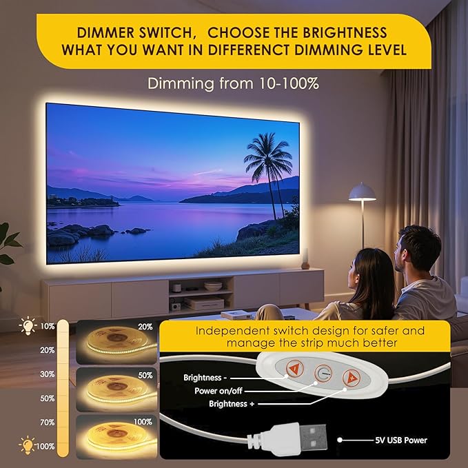5V USB 13.12ft LED Light Strip, COB LED Strip Lights, High Brightness Tape Lights, Warm White LED Strip Lights for TV,Cabinet,Kitchen,Living Room and Shelving