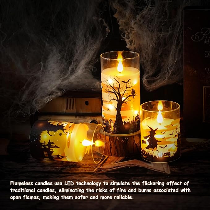 Flameless Candles Real Wax Realistic Halloween Candles with Glass Shell, Battery Operated LED Pillar Candle with Remote Timer, Ideal for Halloween Home Decor（D 3"*H 4" 5" 6" ）