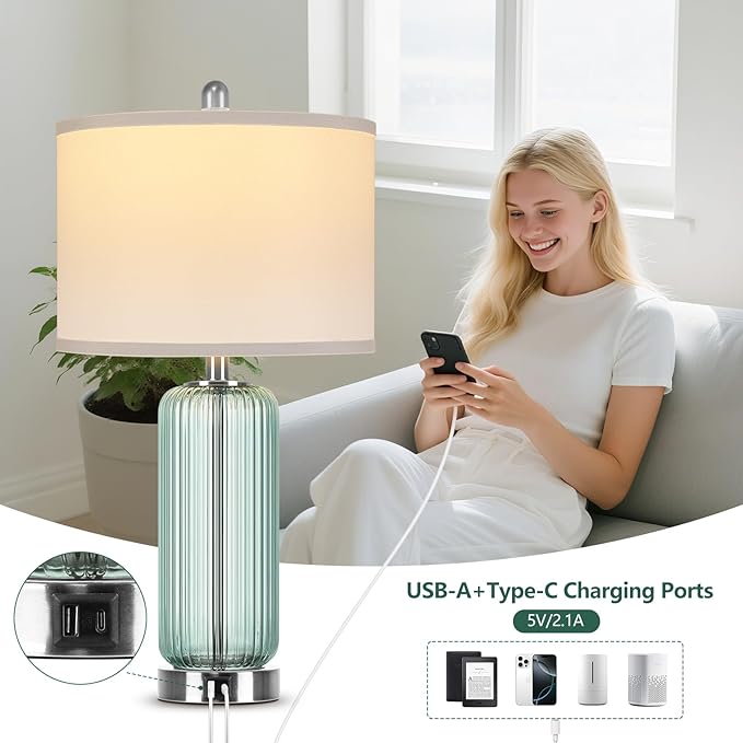 Table Lamps Set of 2 with Vertical Grained Glass, Teal Bedside Table Lamp, 3-Way Dimmable Nightstand Lamp with Touch Control, 27" Modern Glass Bedside Lamps with USB A+C Ports, Desk Lamp for Bedroom