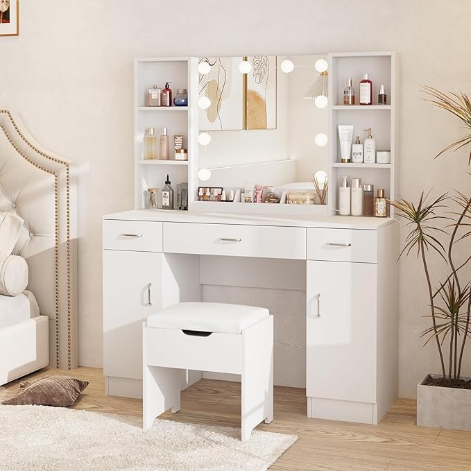 Makeup Vanity Desk with Lighted Mirror, White Vanity Set Makeup Table with 3 Drawers, 2 Cabinets and Storage Stool, Large Vanity 45inch, White