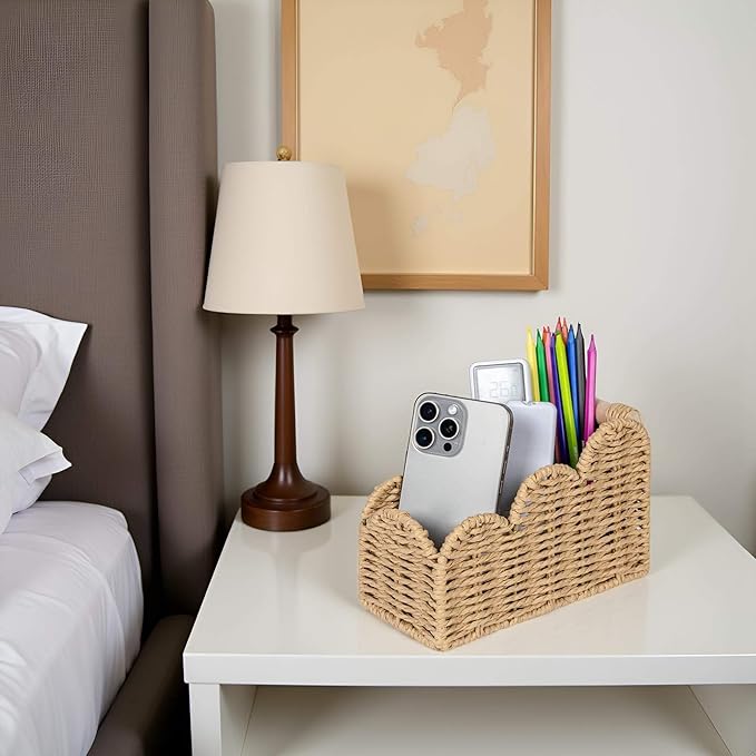 CubesLand Bedside Table Desk Organizer Caddy, Remote Pen&Pencil Holder Cup, Makeup Brush Holder w/Scalloped Perfect for Home, Office Desk, Living Room Table Decor, 3 Slots Beige
