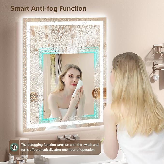 24x30 LED Bathroom Mirror with Lights - Dimmable, Anti-Fog, 3 Color Backlit & Front Lit Mirror for Bathroom, Shatter-Proof Tempered Glass, Easy Installation