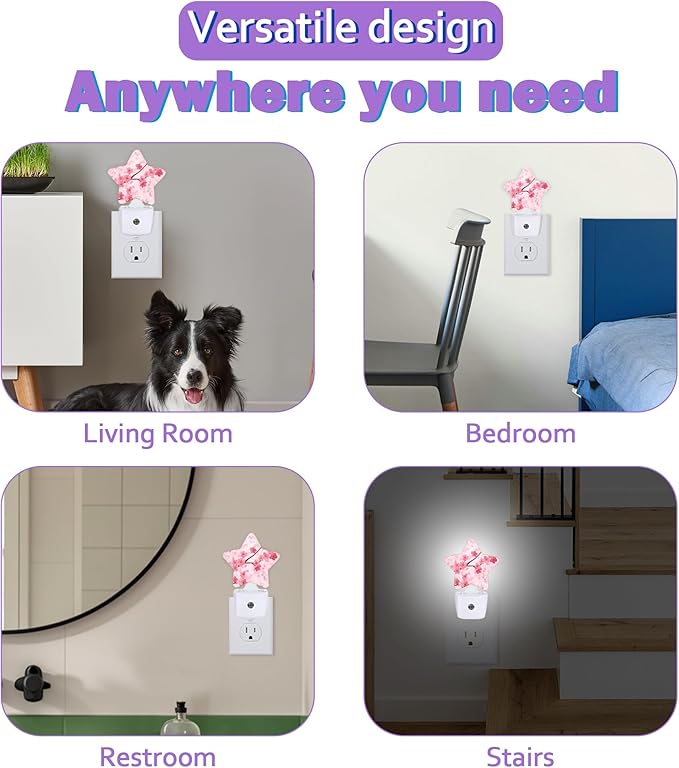 Energy Efficient Nightlights Plug in Wall, Pink Flowers Night Light for Kids Bedroom Decorative, Spring Floral Dusk-to-Dawn Sensor Sleep Friendly Lamp for Nursery Bathroom Basement
