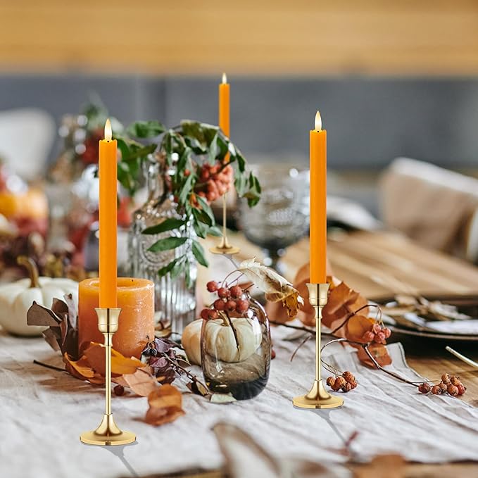 6 Pack Orange Flameless Taper Candles with Remote&Timer, Thanksgiving Battery Operated Candles with Flickering Wick, Fall Candlestick Harvest and Thanksgiving for Home Decor