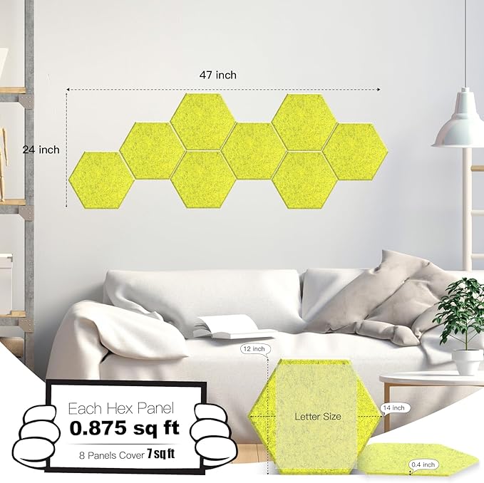 Mollywell Hexagon Acoustic Panels 14x12 - Reduce Echo & Reverb, Noise Blocking Wall Tiles for Kids Room & Studio, Lemon Green Sound Absorbing Panels