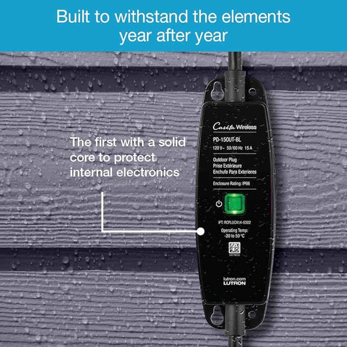 Lutron Caseta Outdoor Smart Plug Weatherproof+ and Pico Smart Remote, for Landscape and String Lighting, P-PKG1OUT-BL, Black