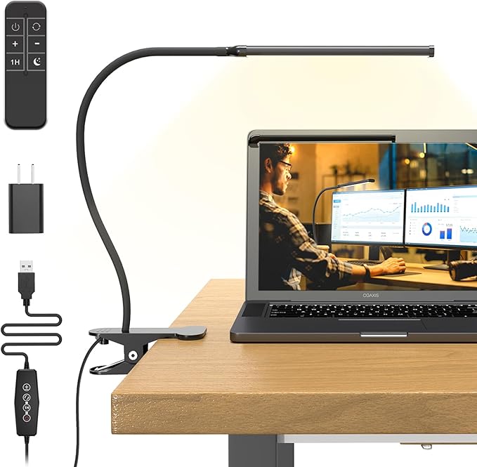 Desk Lamp with Remote, 3 Color & 5 Brightness & 77LED Dimmable Reading Lamp, 15.7'' Flexible Gooseneck Clamp Lamp, Eye-Caring Clip on Light with Adapter for Reading Study Workbench Drafting