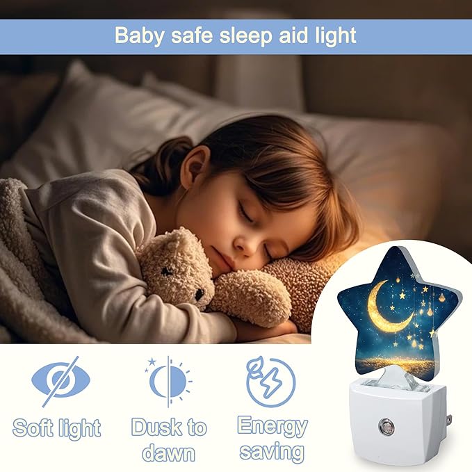Moon Stars Sparkling Dusk to Dawn Star Night Light,Galaxy Solar System Smart Sensor Nightlight for Bedroom Kitchen Hallway Stairs,Plug-in Energy Efficient Decor Desk Lamp Women Men Gifts