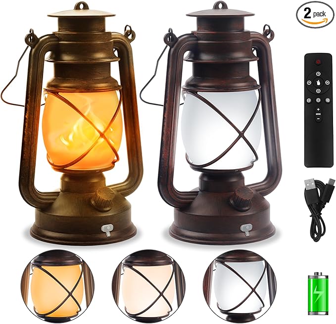 2 Pack Bronze Vintage 4 Modes LED Lanterns，Rechargeable Flickering Flame Lights Decorative Outdoor&Indoor, Remote Control Waterproof Hanging Lantern for Camping,Patio Garden Pathway