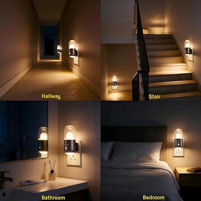 Night Light Plug into Wall with Motion Sensor & Dusk to Dawn Sensor, 3 Color Temperatures,RGB 8 Modes, 5-Level Dimming (20-240 LM) LED Night Light for Bedroom, Hallway, Stairs (White 2pcs)