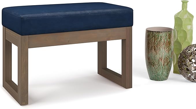SIMPLIHOME Milltown Small Ottoman Bench - 27 inch Wide Upholstered Vegan Leather Rectangle Footstool Ottoman in Distressed Dark Blue, Contemporary Bench for Bedroom with Cushioned Seat, Assembled