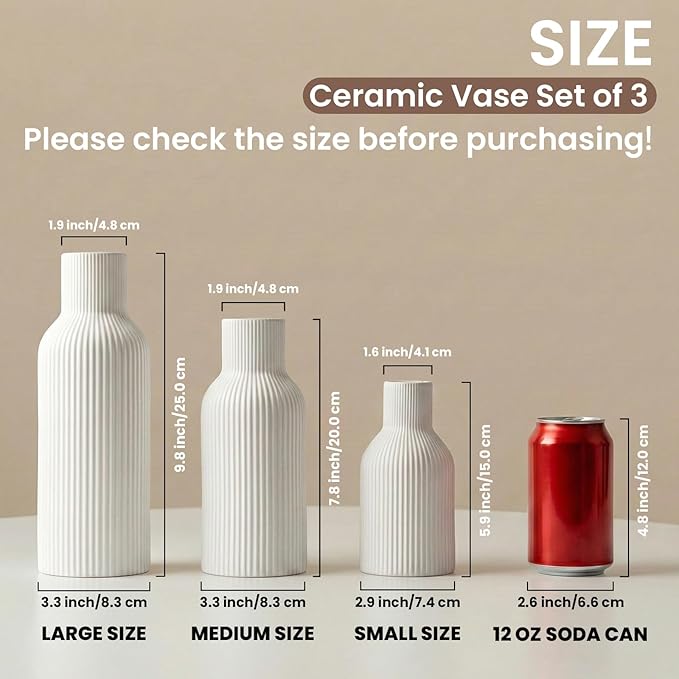 White Ceramic Vases Set of 3 - Modern Matte Ribbed Vases for Pampas Grass & Dried Flowers - Minimalist Decorative Centerpieces for Living Room, Shelf, Entryway & Wedding