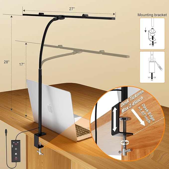 LED Desk Lamps for Home Office,Smart Adjustable Swing Arm Desk Lamp with Clamp,Gooseneck Tall Clip on Desk Light for Sewing,Reading,Drawing,Workbench,Study,Screen,Crafting,Monitor Architect,Computer