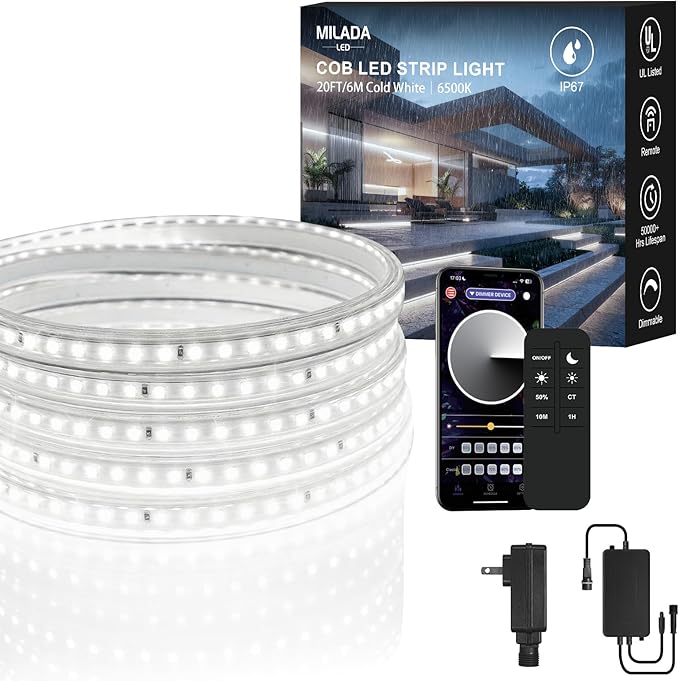 20FT/6M COB LED Strip Lights, Waterproof Outdoor&Indoor 6500K Cool White Flexible 24V Remote & App Control, Led Tap Lighting For Room, Garden, Patio, Kitchen, Bedroom, Under Cabinet Decoration
