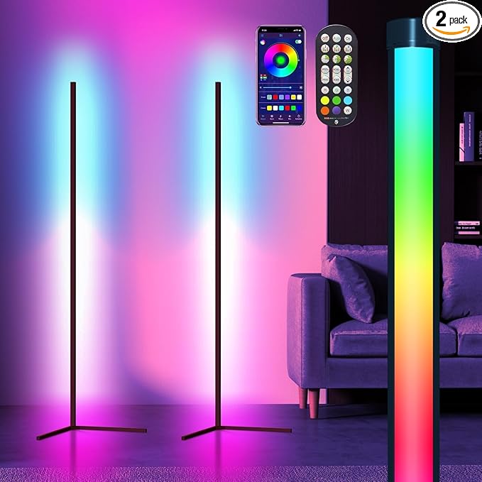 Corner Floor Lamp, 2 Pack LED Corner Lamp with App/Remote/Button Control, Smart RGB Floor Lamp with 16 Million DIY Colors & 68+ Scene, 300+ Scene, Music Sync for Living Room, Bedroom, Gaming Room