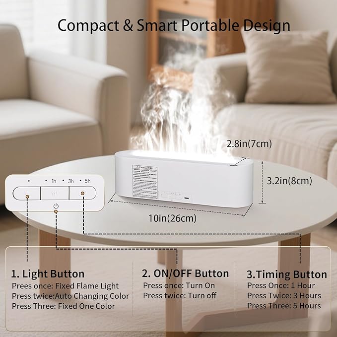 Essential Oil Diffuser, 180ml Flame Aroma Diffuser Humidifier, Ultrasonic Fireplace Aromatherapy Diffuser with 7-Color LED Light, Timer, Auto-Off for Bedroom Home & Room Decor(White)