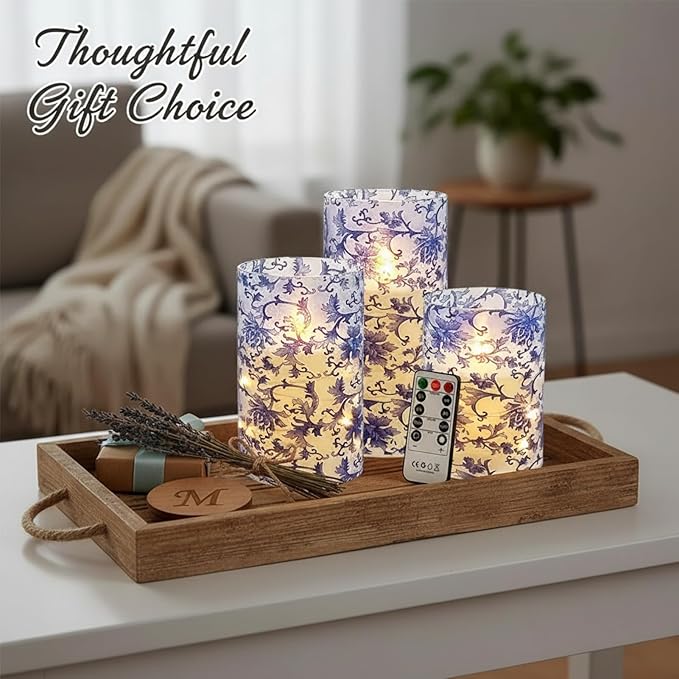 Floral Flameless LED Pillar Candles with String Lights, 3pcs Blue and White Battery Operated Flickering Candles with Timer Remote,Chinese Porcelain Style Candle for Wedding Mother's Day Home Decor