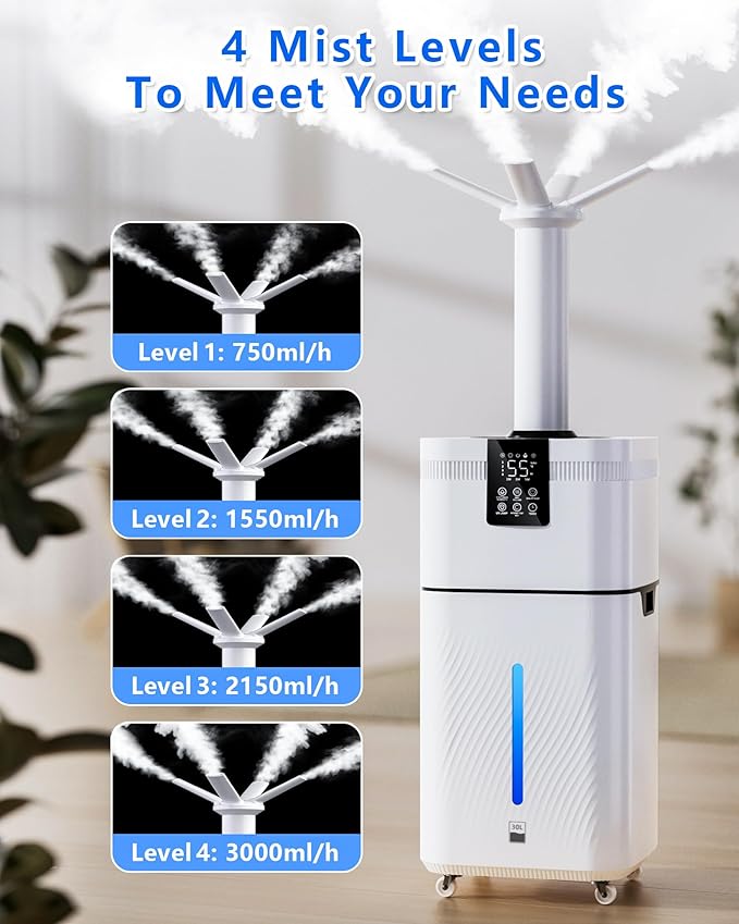 30L/7.93Gal Commercial humidifier Large Room 4200 sq.ft, Whole House Humidifiers 3000ml/H Mist Output, Cool Mist Industrial Humidifiers for Home, Plants, Office, Warehouse, Greenhouse