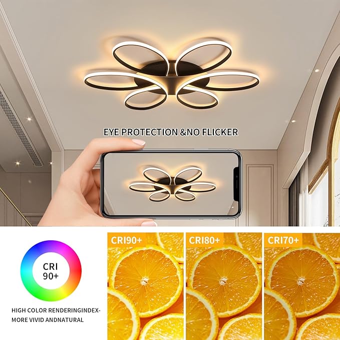 Modern LED Ceiling Light Fixture Black Flush Mount Ceiling Lamp with Remote Control Dimmable 6 Rings Flower Shaped Ideal for Living Room Bedroom Dining Room Kitchen(75CM/29.5IN)