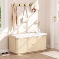 Hall Tree with Bench and Shoe Storage, Entryway Bench with Sliding Door Cabinet, Removable Padded, Metal Wall Hooks and Adjustable Storage Compartments, for Entry, Hallway, Living Room, Oak