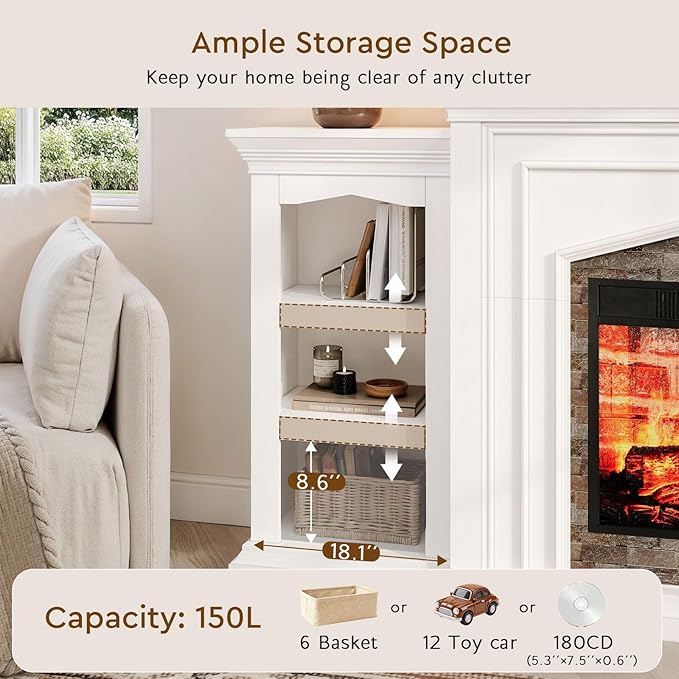 LGHM 80" Fireplace TV Stand for TVs Up to 90 Inch, Electric Fireplace with Mantel, Modern Entertainment Center with Storage, Fireplace Heater Insert with 3D Flame Effect for Living Room