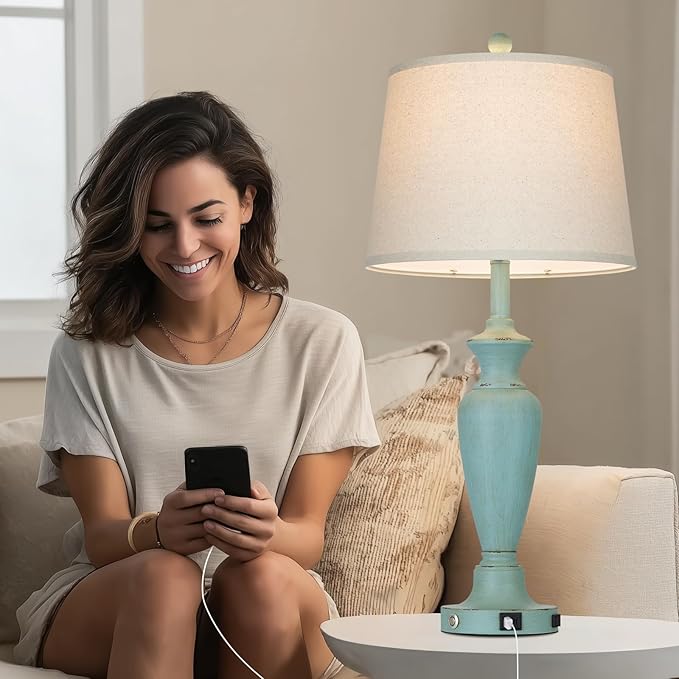 30" Tall Metal Table Lamps Set of 2, Touch Control Bedside Lamps for Bedroom Nightstand, 3-Way Dimmable Farmhouse Lamp for Living Room with Charging Ports, Retro Blue (2 LED Bulbs Included)