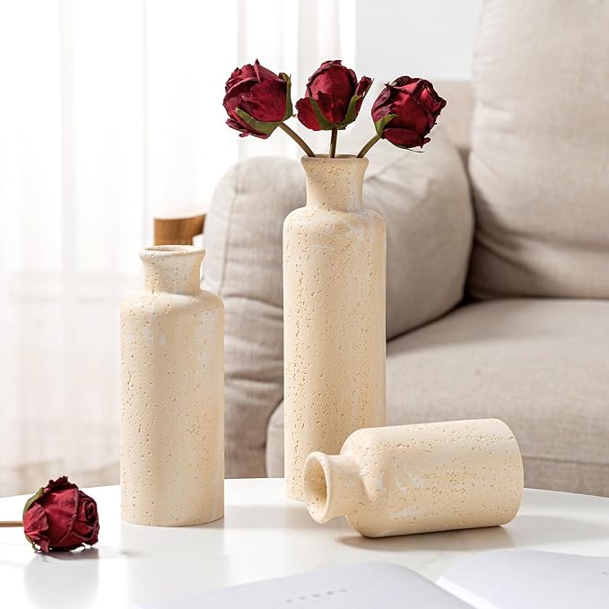 Flower Vase Set, Stone Look, 3 PCS Small Decorative Bud Vases for Pampas Grass, Farmhouse Decor, Kitchen, Living Room, Bathroom, Bedroom, Office, Shelf Centerpiece Table Decoration (Yellow)