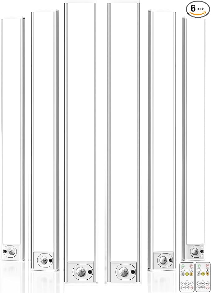6Pack 16inch Under Cabinet Lighting, Rechargeable Motion Sensor Light Wireless Indoor, Dimmable 3 Color Temps Closet Lights with Remote, Under Counter LED Lights for Kitchen, Stairs