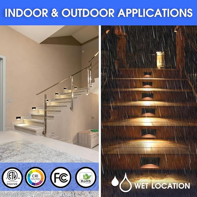Energetic 120V LED Stair Lights - 2200K/2700K/3000K/4000K/5000K Indoor Step Lights, 3W Outdoor Stairway Lights, CRI90, ETL Listed, Wet Location, Aluminum, 5CCT, Black, Pack of 4