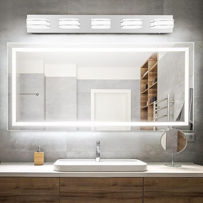 3 Color Temperature Dimmable Bathroom Light Fixtures over Mirror, LED Chrome 5 Light Vanity Lighting Fixtures, Acrylic Stainless Steel Square Shade Vanity Lights for Bathroom, ETL Certificated