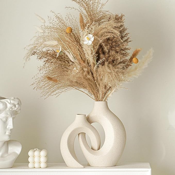 Snuggle Hollow Ceramic Vase Set of 2, Nordic Modern Boho ins Style Decorative Ceramic Aesthetic Flower Vase for Home Decor (Milky White W 6.3" X H 8.4")