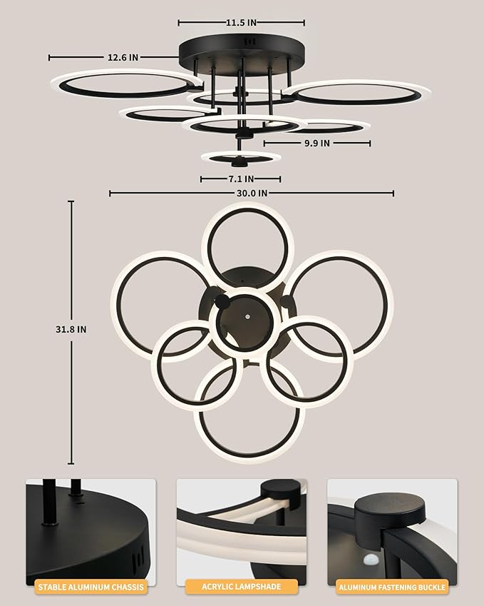 Modern LED Ceiling Light 7 Rings Dimmable Fixtures with Remote Black Close to Ceiling Light 31.8" 130W 3000K-6500K Flush Mount Ceiling Lamp for Living Room,Bedroom,Kitchen