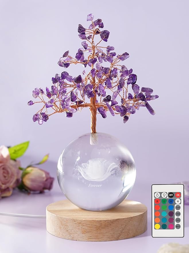 Amethyst Crystal Tree of Life for Positive Energy, Chakra Healing Tree with Remote Control Multicolor Night Light for Home, Office, Desk Decor, Purple Gift for Women, Girls (Rose)