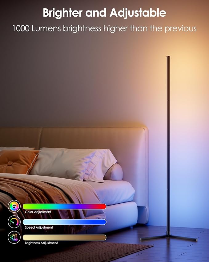 65" Smart RGB Floor Lamp with App/Remote Control, Color Changing LED Corner Lamp with Music Sync & Timer, Corner Lighting for Living Room, Bedroom, Gaming Room (Black)